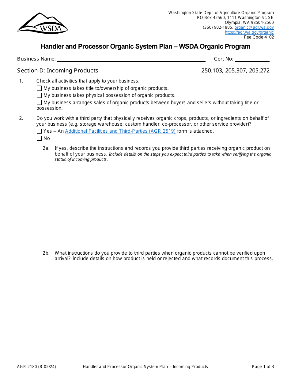 Form AGR2180 Section D Incoming Products - Handler and Processor Organic System Plan - Wsda Organic Program - Washington, Page 1