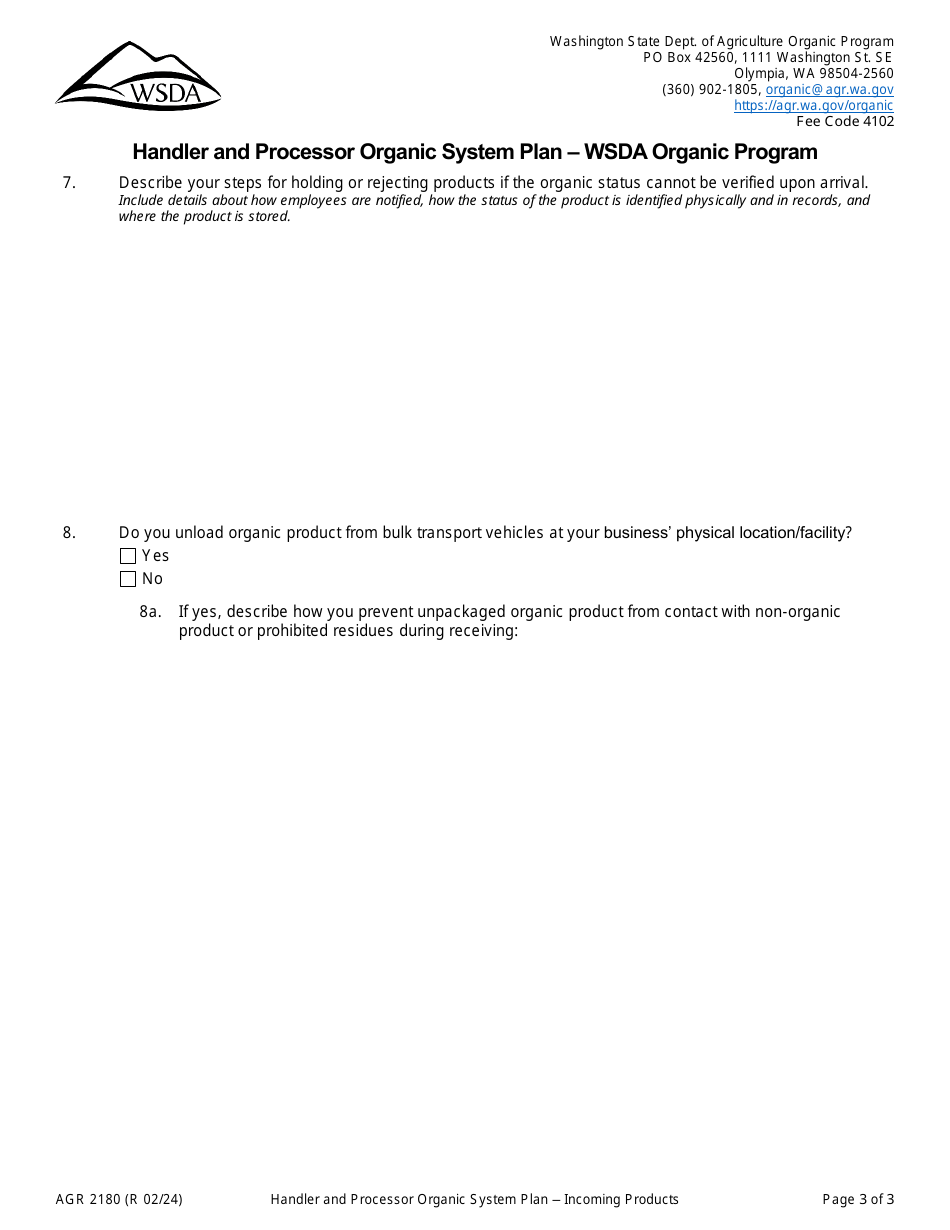 Form AGR2180 Section D Incoming Products - Handler and Processor Organic System Plan - Wsda Organic Program - Washington, Page 3