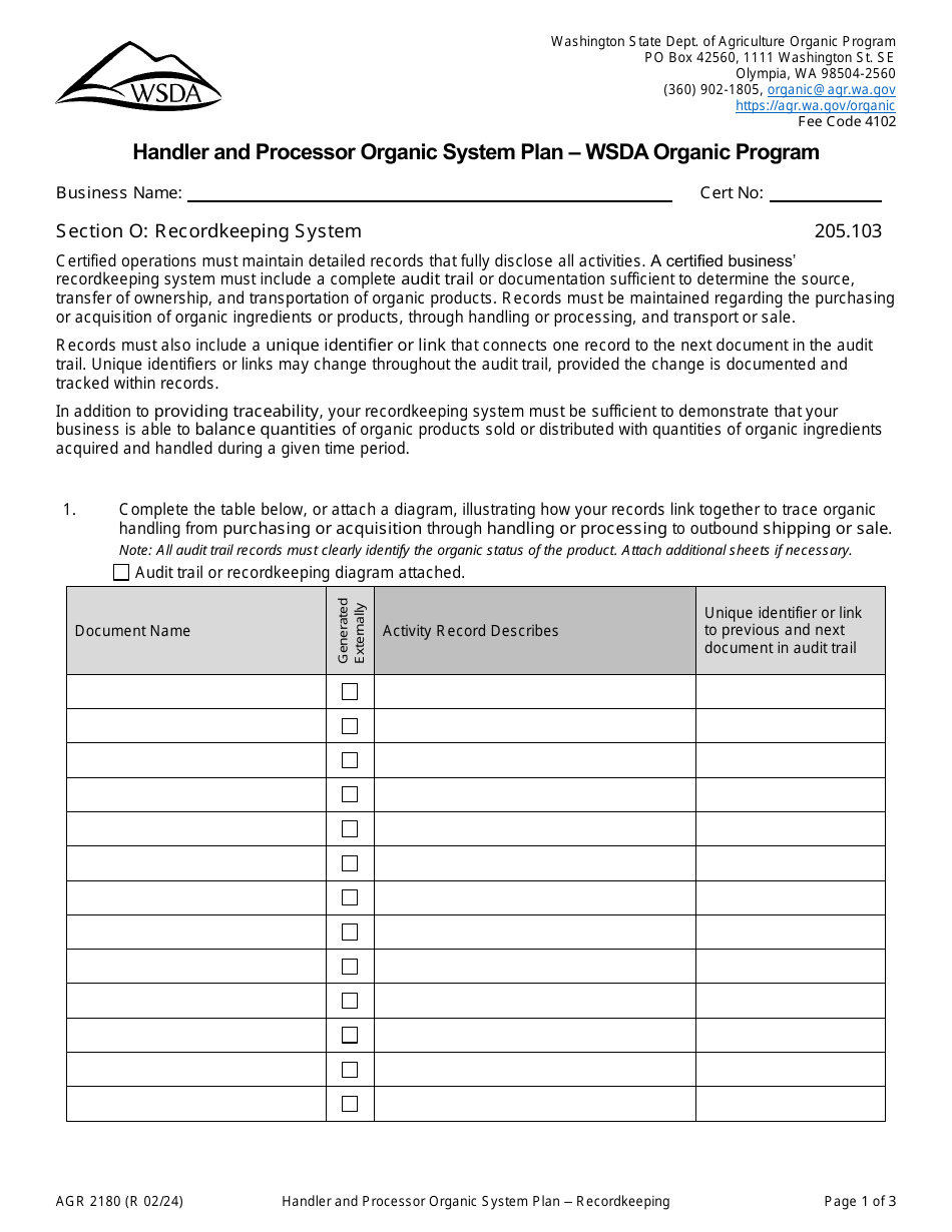Form AGR2180 Section O Recordkeeping System - Handler and Processor Organic System Plan - Wsda Organic Program - Washington, Page 1