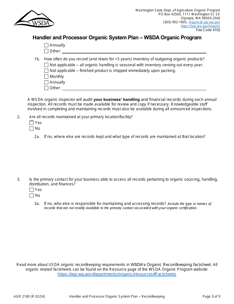 Form AGR2180 Section O Recordkeeping System - Handler and Processor Organic System Plan - Wsda Organic Program - Washington, Page 3