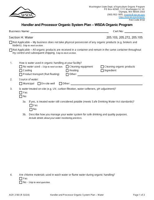 Form AGR2180 Section H Water - Handler and Processor Organic System Plan - Wsda Organic Program - Washington