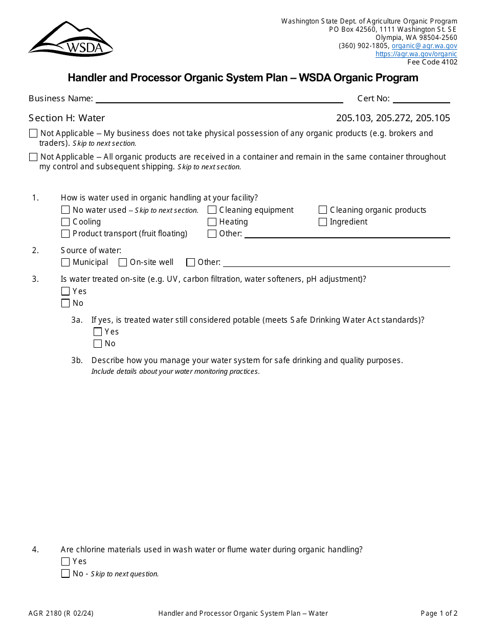 Form AGR2180 Section H Water - Handler and Processor Organic System Plan - Wsda Organic Program - Washington, Page 1