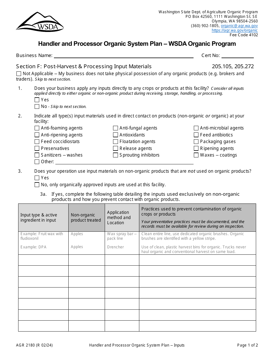 Form AGR2180 Section F Post-harvest  Processing Input Materials - Handler and Processor Organic System Plan - Wsda Organic Program - Washington, Page 1