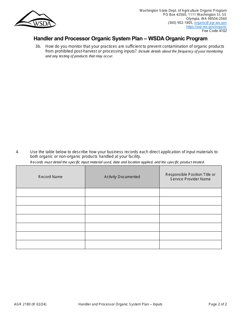 Form AGR2180 Section F Post-harvest  Processing Input Materials - Handler and Processor Organic System Plan - Wsda Organic Program - Washington, Page 2
