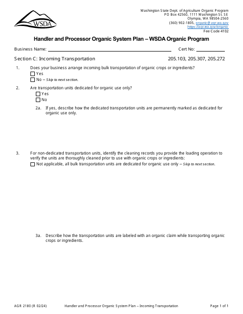 Form AGR2180 Section C Incoming Transportation - Handler and Processor Organic System Plan - Wsda Organic Program - Washington
