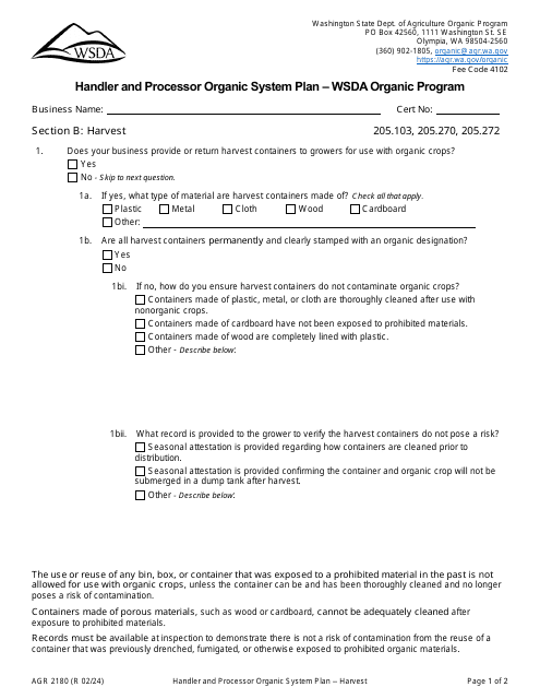 Form AGR2180 Handler and Processor Organic System Plan - Wsda Organic Program - Washington