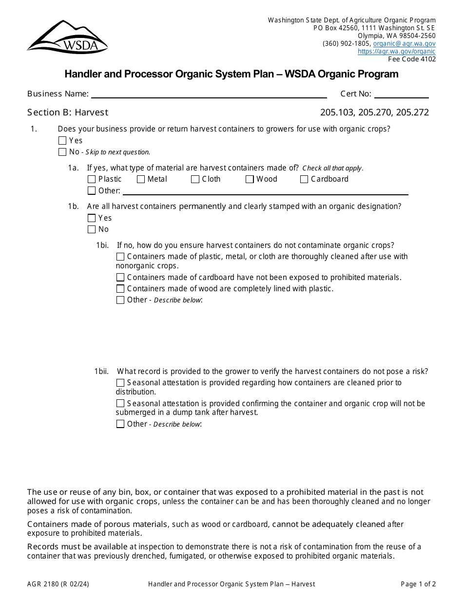 Form AGR2180 Handler and Processor Organic System Plan - Wsda Organic Program - Washington, Page 1