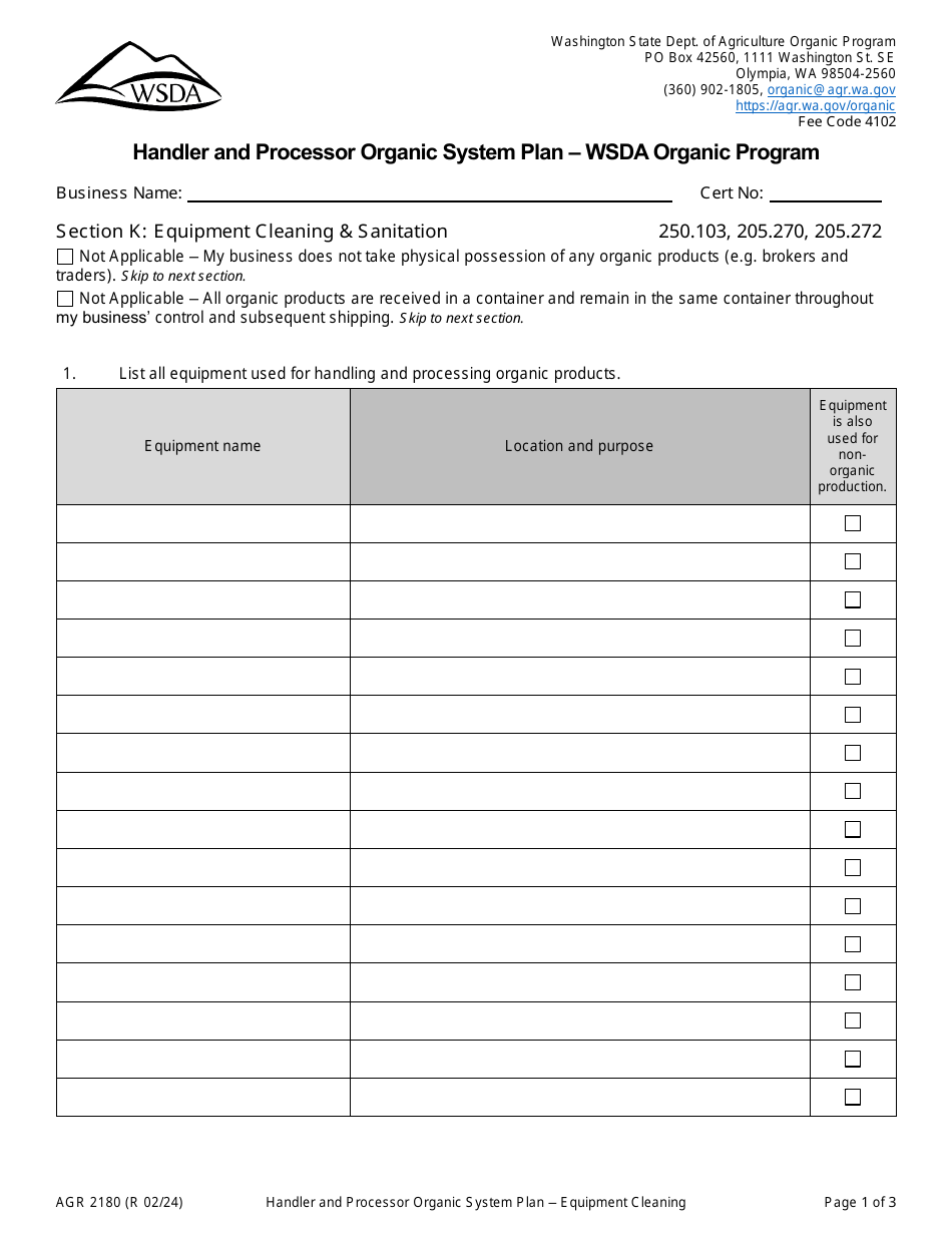 Form AGR2180 Section K Equipment Cleaning  Sanitation - Handler and Processor Organic System Plan - Wsda Organic Program - Washington, Page 1
