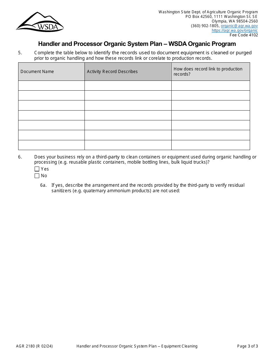 Form AGR2180 Section K Equipment Cleaning  Sanitation - Handler and Processor Organic System Plan - Wsda Organic Program - Washington, Page 3