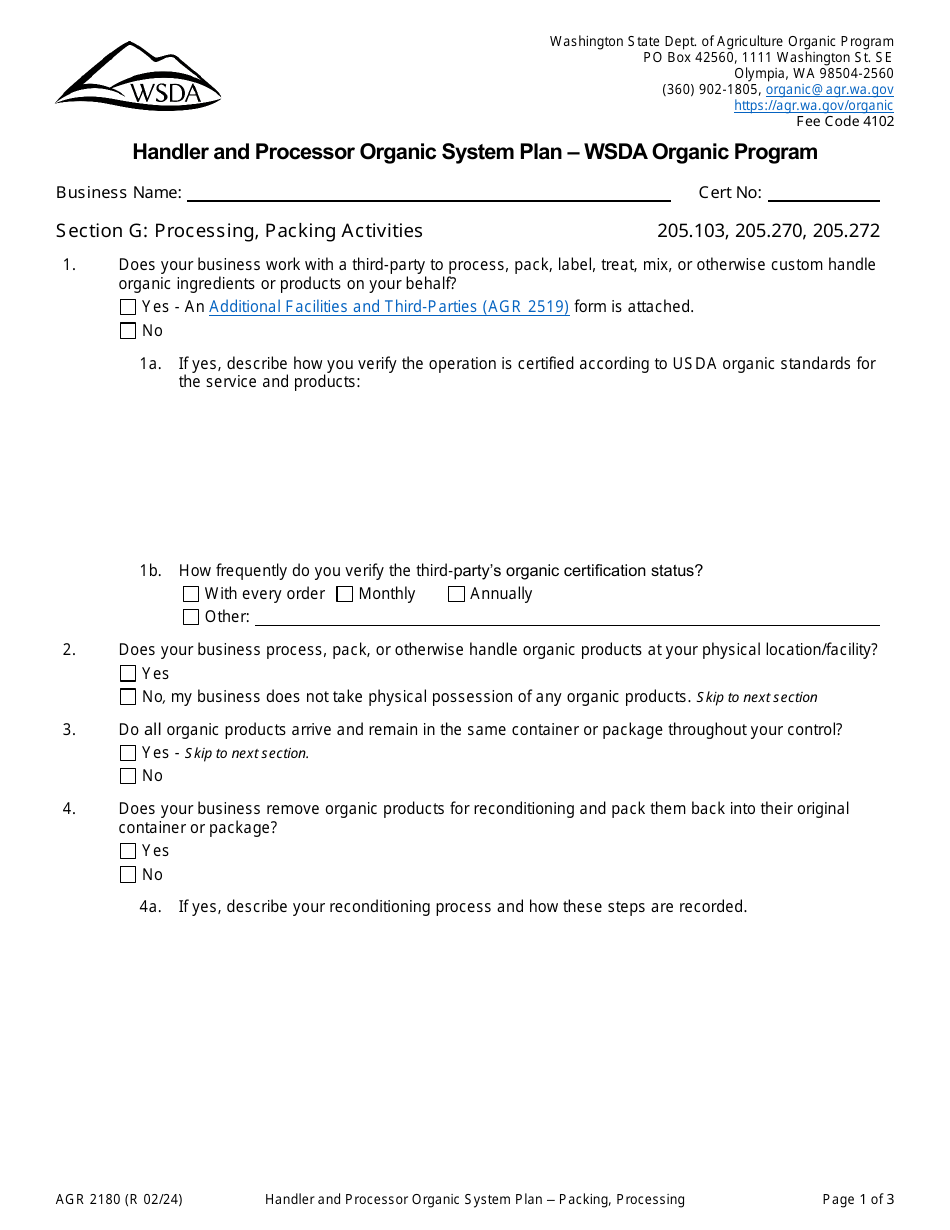 Form AGR2180 Section G Processing, Packing Activities - Handler and Processor Organic System Plan - Wsda Organic Program - Washington, Page 1