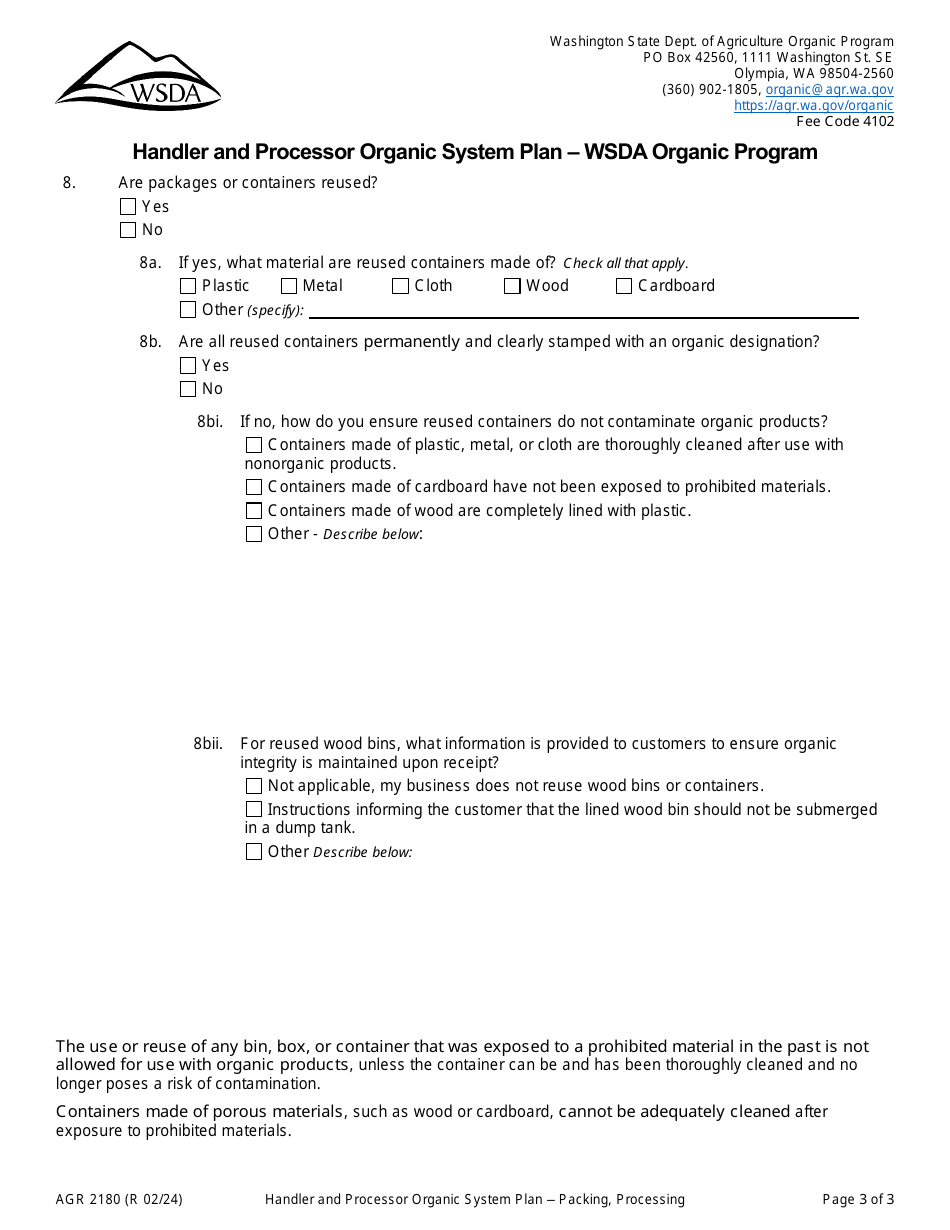 Form AGR2180 Section G Processing, Packing Activities - Handler and Processor Organic System Plan - Wsda Organic Program - Washington, Page 3