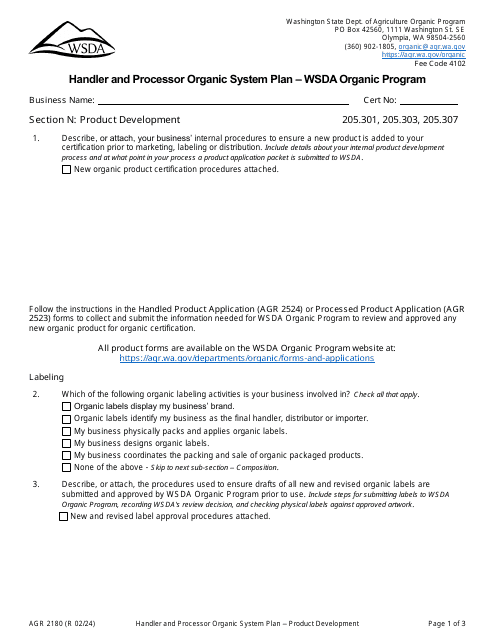 Form AGR2180 Section N Product Development - Handler and Processor Organic System Plan - Wsda Organic Program - Washington