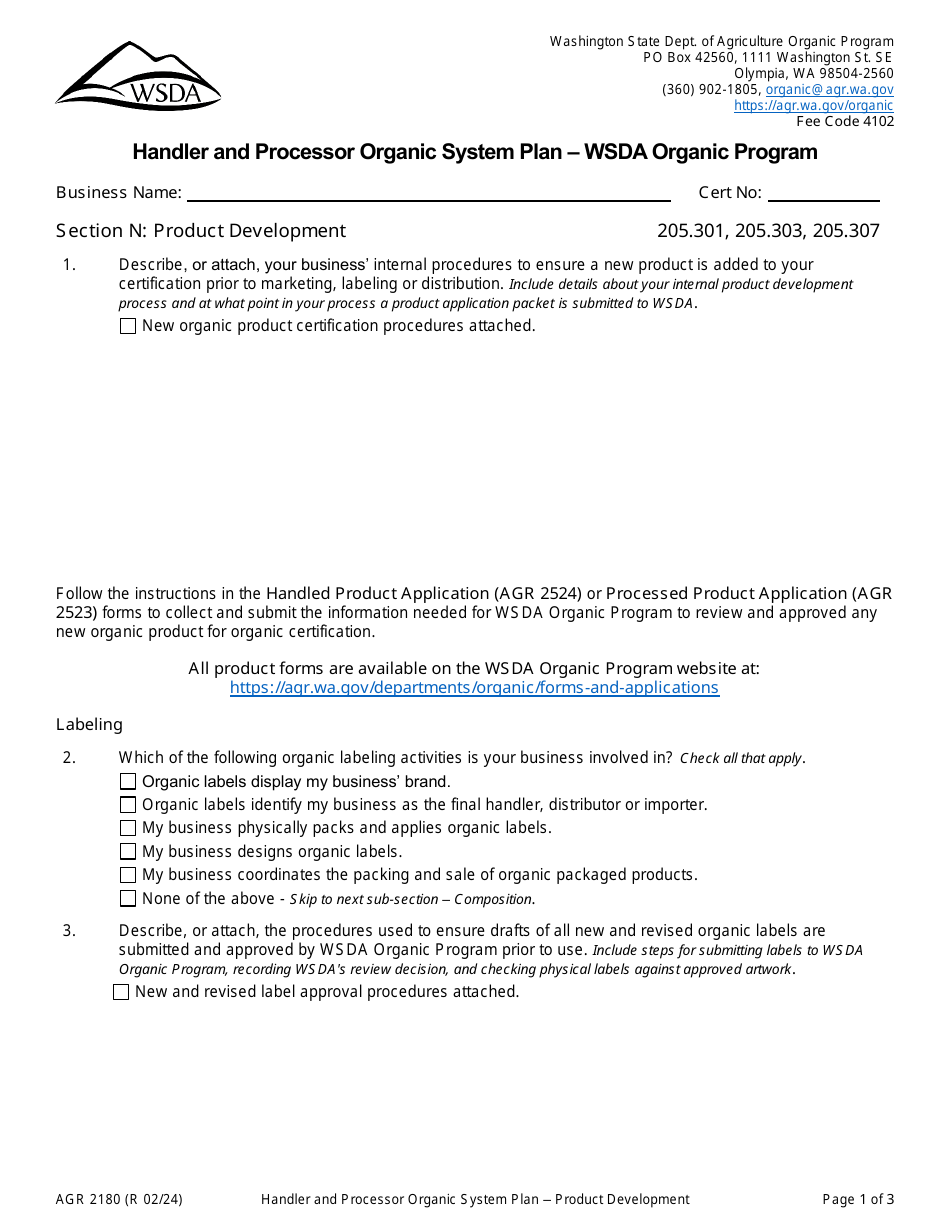 Form AGR2180 Section N Product Development - Handler and Processor Organic System Plan - Wsda Organic Program - Washington, Page 1