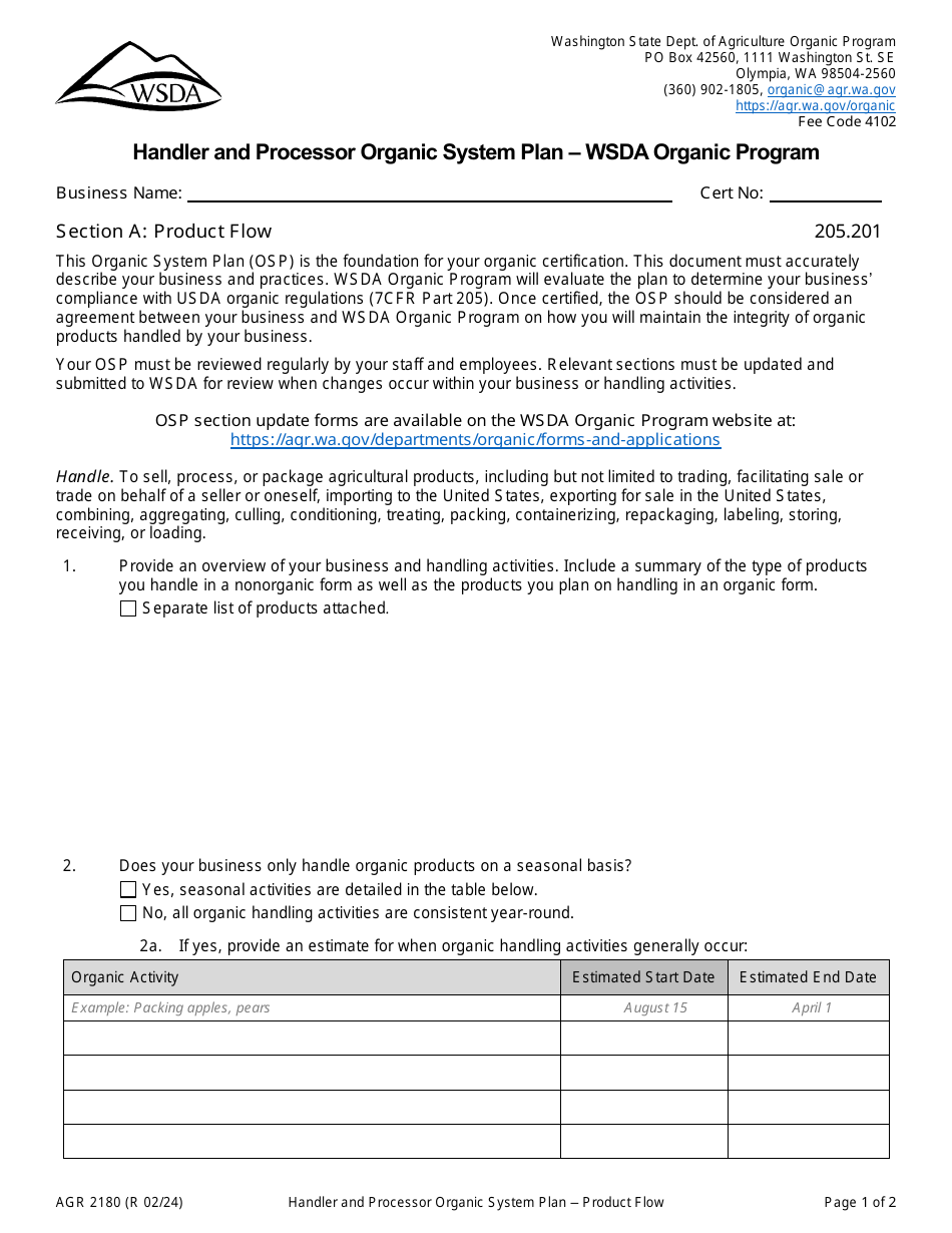 Form AGR2180 Section A Product Flow - Handler and Processor Organic System Plan - Wsda Organic Program - Washington, Page 1