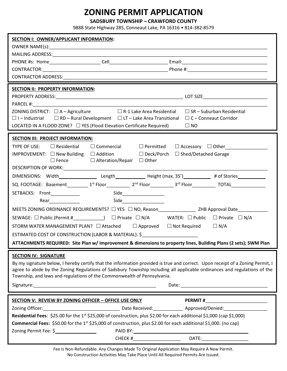 Zoning Permit Application - Sadsbury Township, Pennsylvania, Page 1