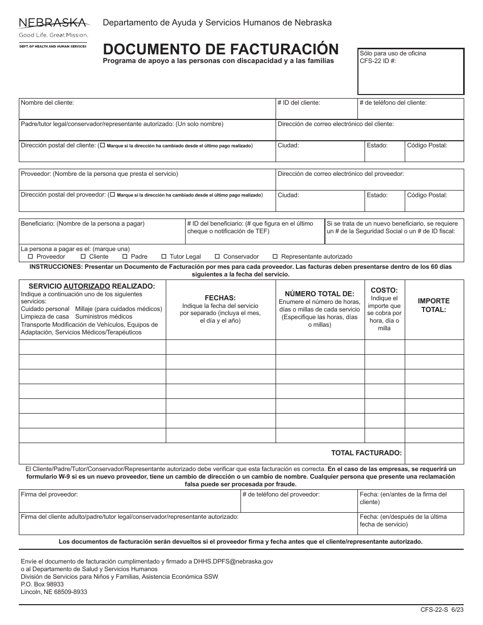 Formulario CFS-22-S Documento De Facturacion - Programa De Apoyo a Las Personas Con Discapacidad Y a Las Familias - Nebraska (Spanish), Page 1