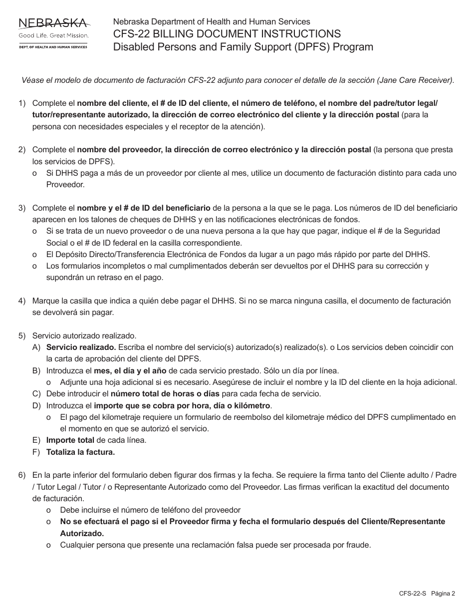 Formulario CFS-22-S Documento De Facturacion - Programa De Apoyo a Las Personas Con Discapacidad Y a Las Familias - Nebraska (Spanish), Page 2
