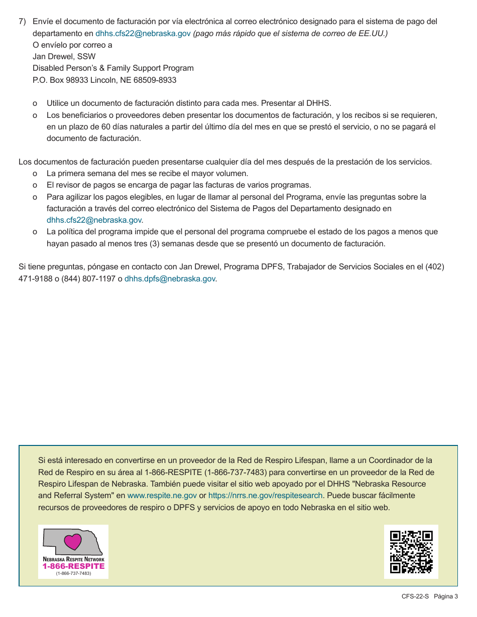 Formulario CFS-22-S Documento De Facturacion - Programa De Apoyo a Las Personas Con Discapacidad Y a Las Familias - Nebraska (Spanish), Page 3