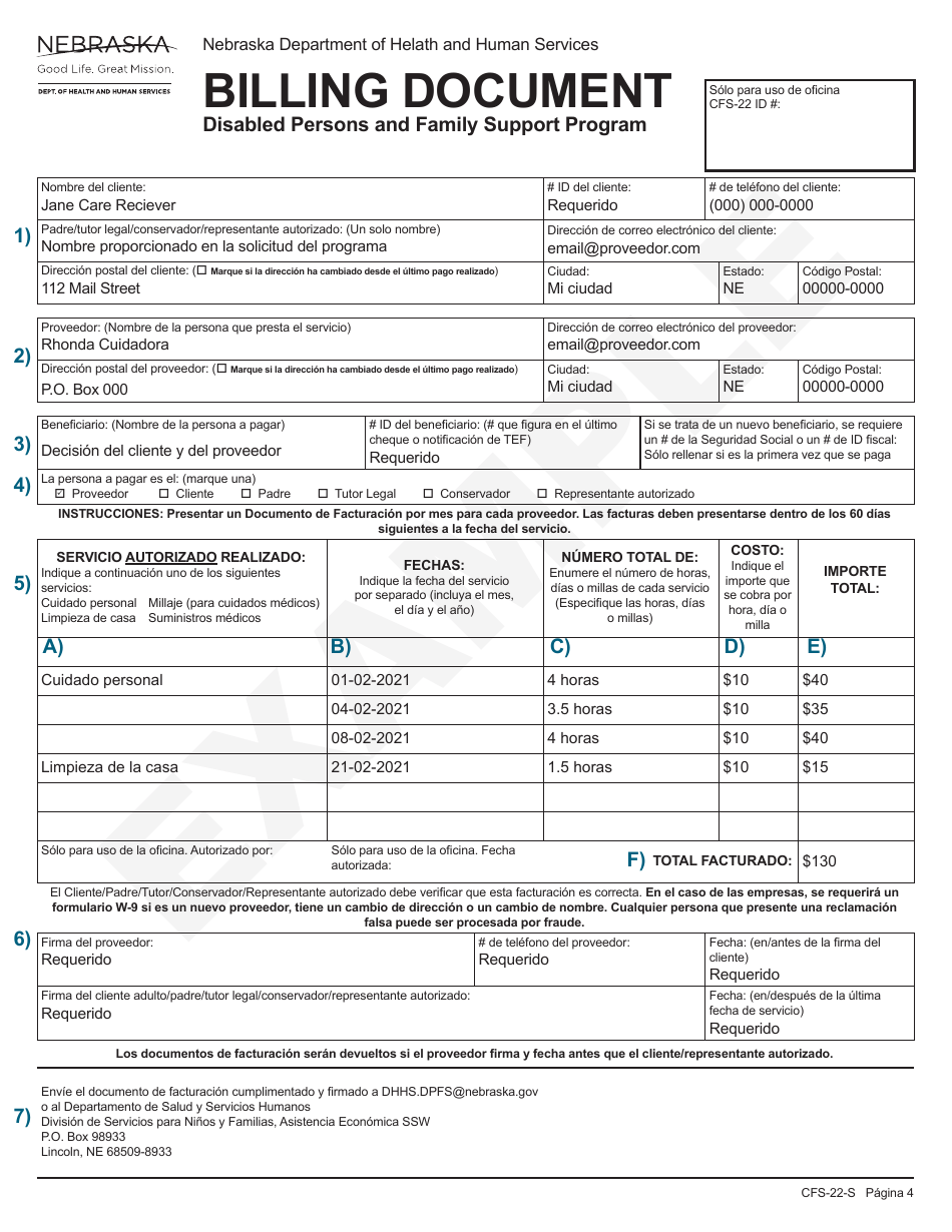 Formulario CFS-22-S Documento De Facturacion - Programa De Apoyo a Las Personas Con Discapacidad Y a Las Familias - Nebraska (Spanish), Page 4