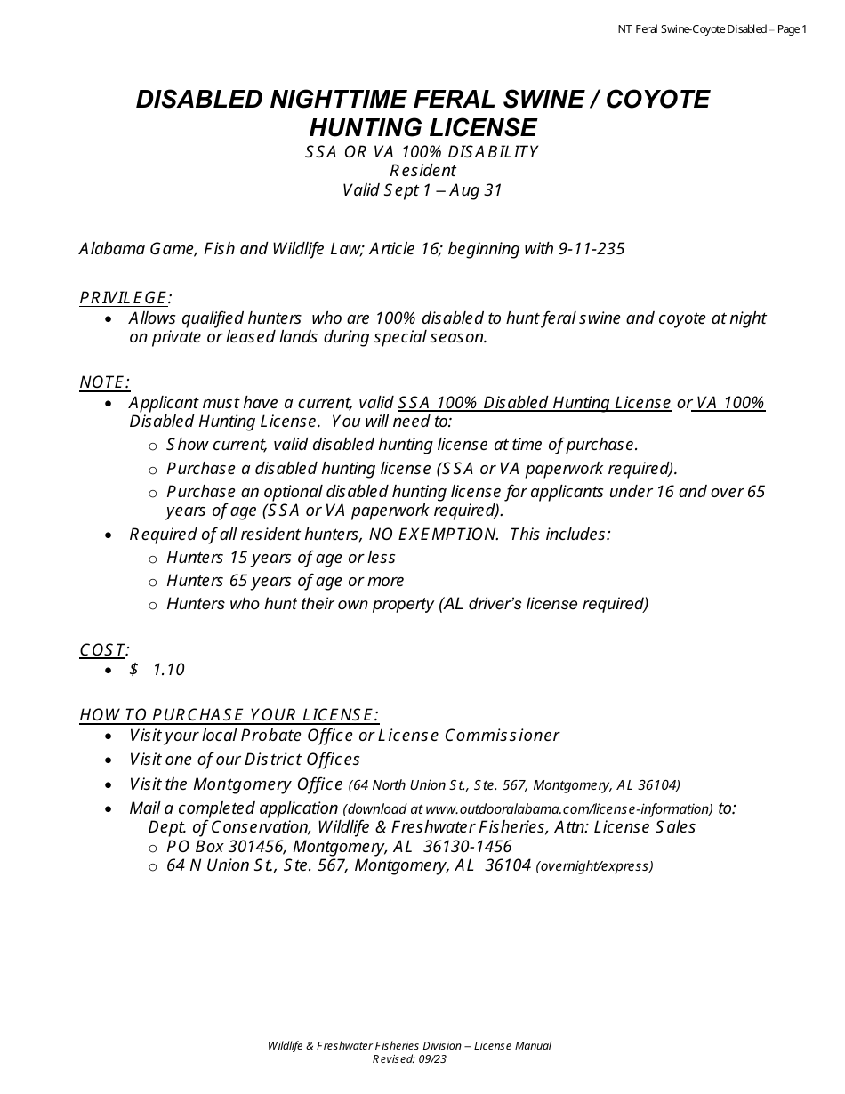 Disabled Nighttime Feral Swine  Coyote Hunting License - Ssa or VA 100% Disability - Alabama, Page 1