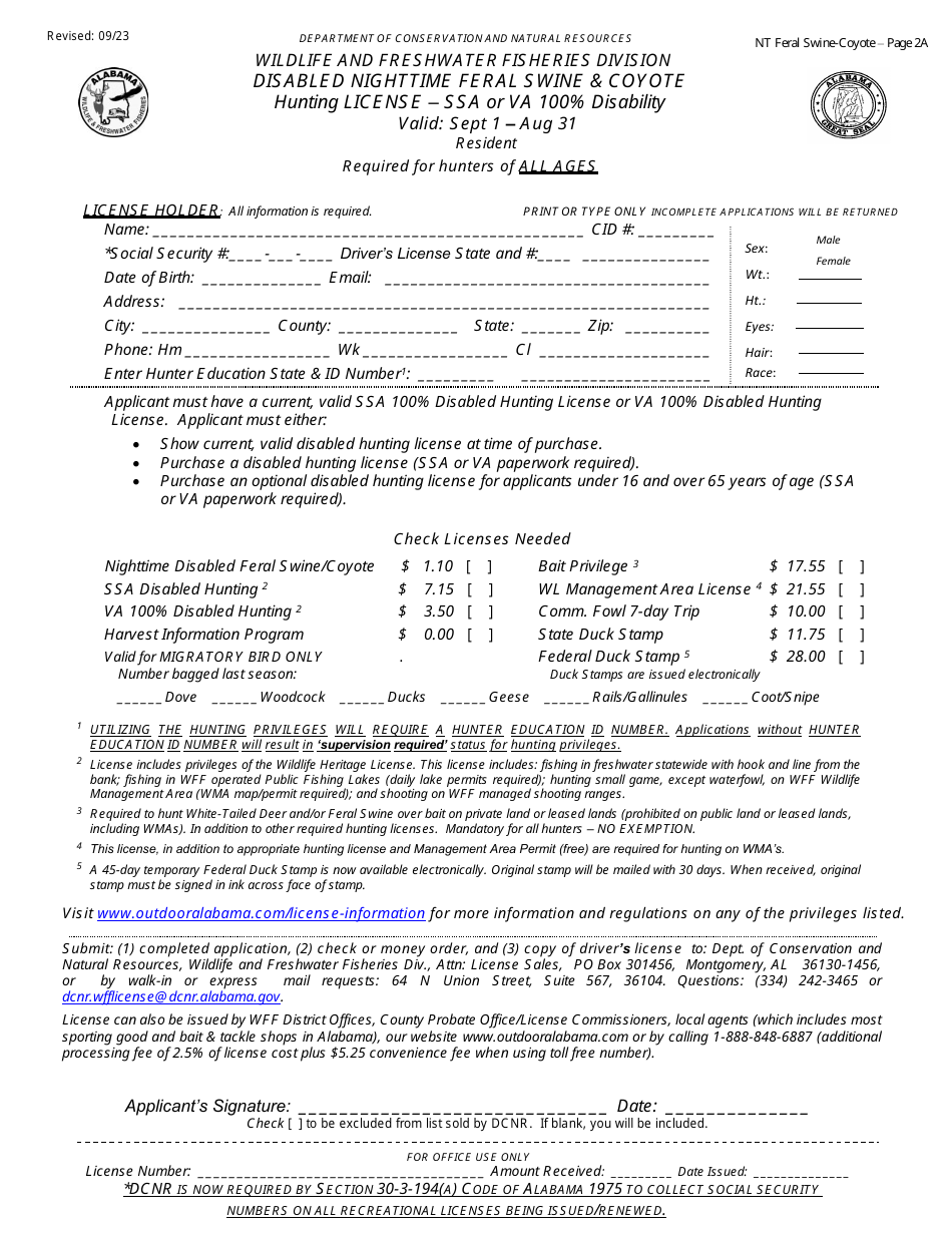 Disabled Nighttime Feral Swine  Coyote Hunting License - Ssa or VA 100% Disability - Alabama, Page 2