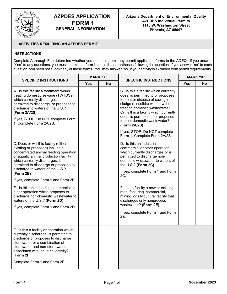 AZPDES Form 1 AZPDES Application - General Information - Arizona, Page 1
