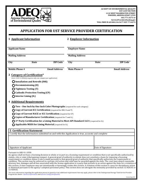 Application for Ust Service Provider Certification - Arizona