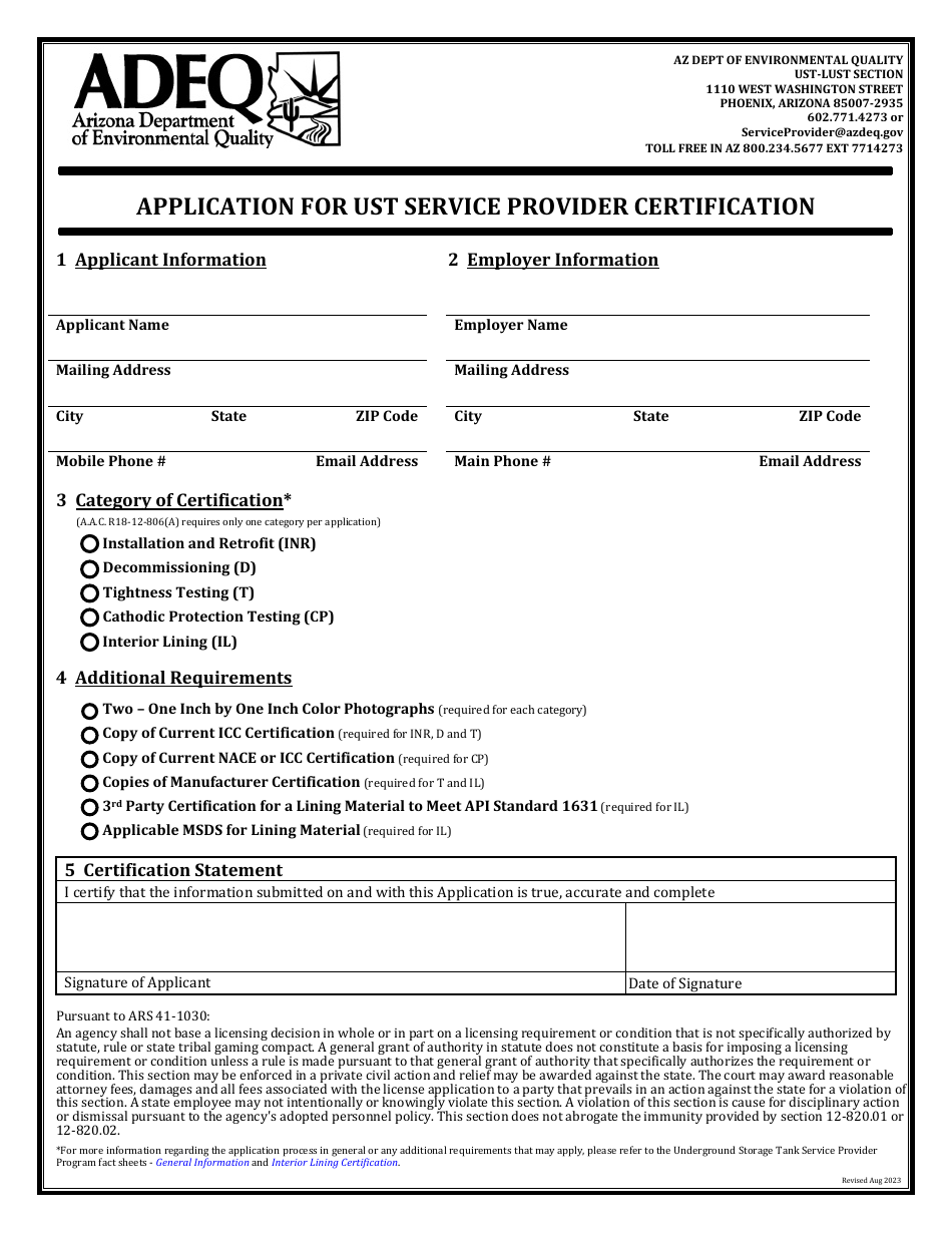 Application for Ust Service Provider Certification - Arizona, Page 1