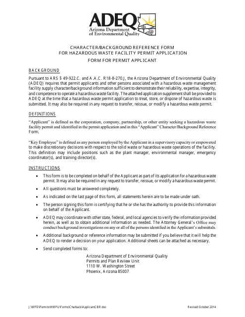 Character / Background Reference Form for Hazardous Waste Facility Permit Application Form for Permit Applicant - Arizona Download Pdf