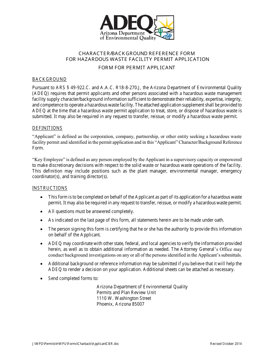 Character / Background Reference Form for Hazardous Waste Facility Permit Application Form for Permit Applicant - Arizona, Page 1