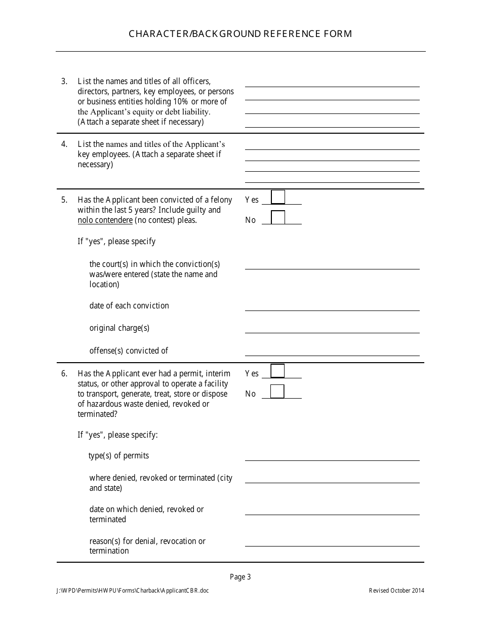 Character / Background Reference Form for Hazardous Waste Facility Permit Application Form for Permit Applicant - Arizona, Page 4