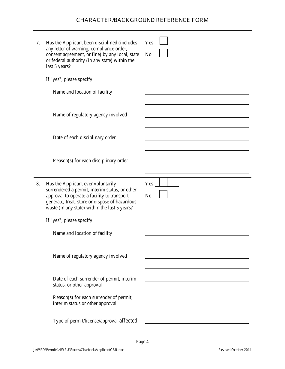 Character / Background Reference Form for Hazardous Waste Facility Permit Application Form for Permit Applicant - Arizona, Page 5