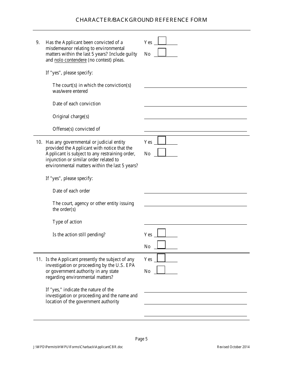 Character / Background Reference Form for Hazardous Waste Facility Permit Application Form for Permit Applicant - Arizona, Page 6