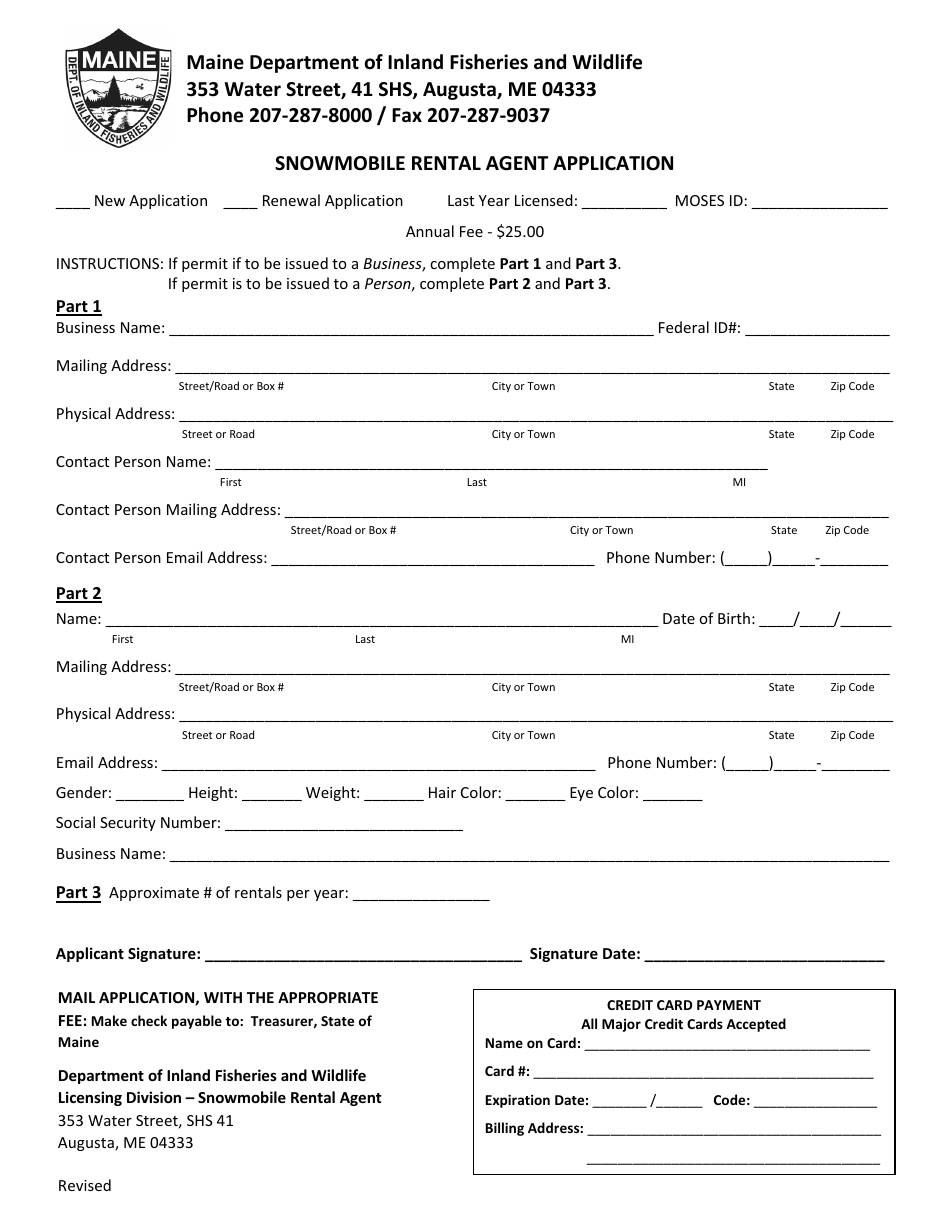 Snowmobile Rental Agent Application - Maine, Page 1