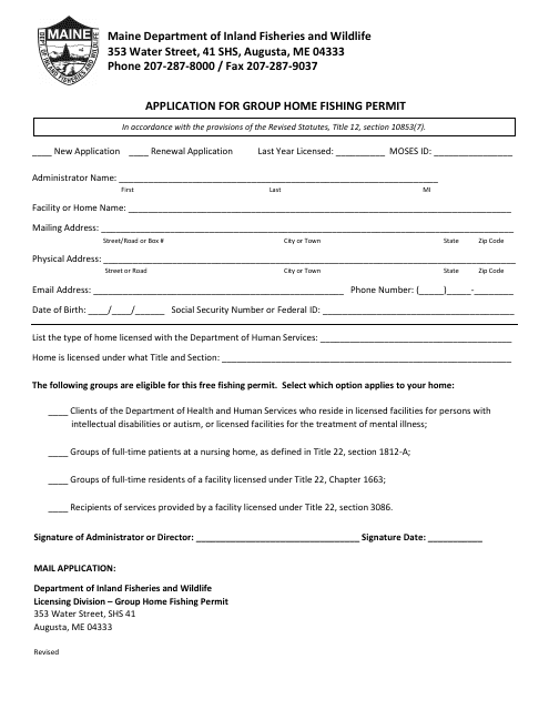Application for Group Home Fishing Permit - Maine Download Pdf