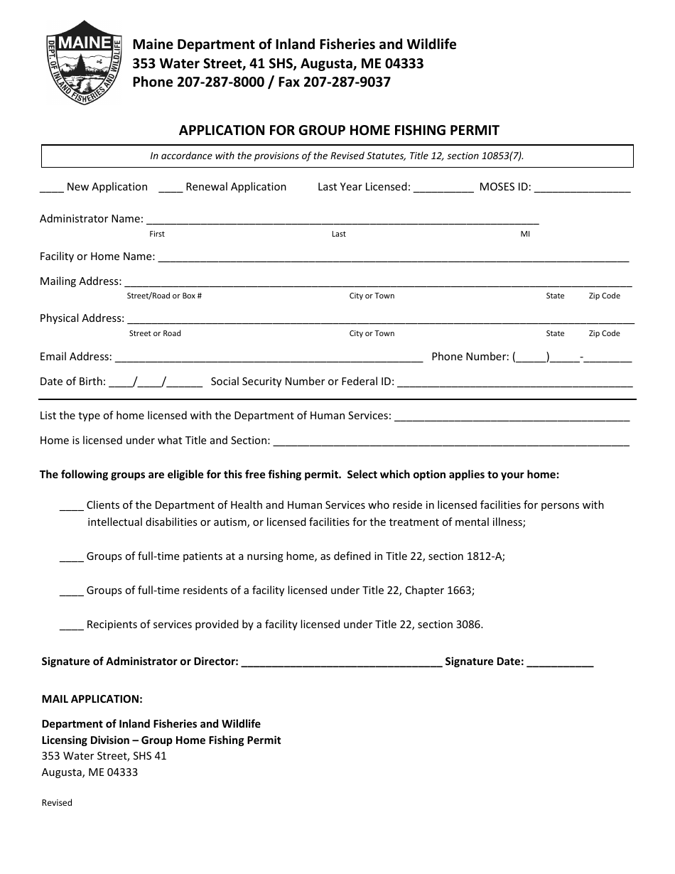 Application for Group Home Fishing Permit - Maine, Page 1