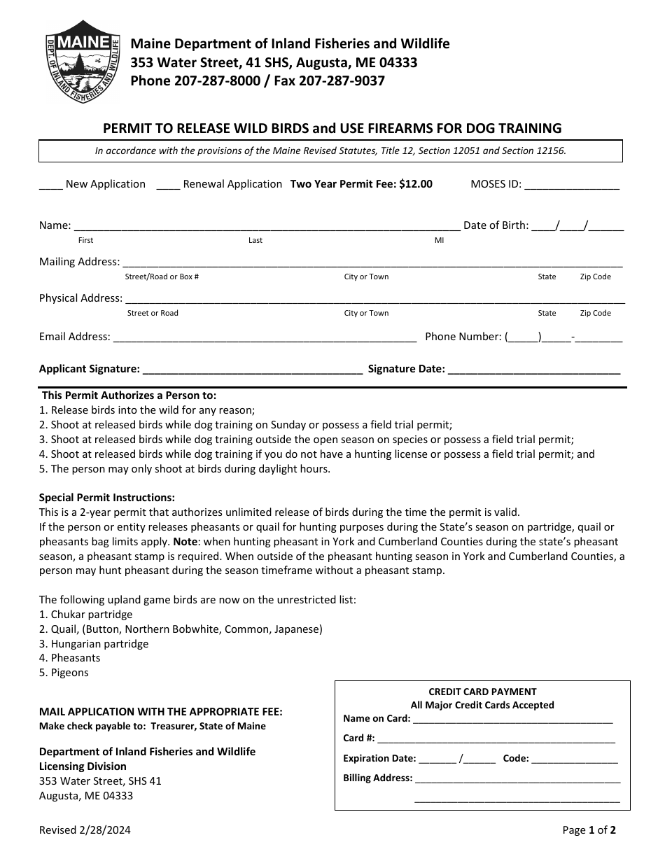 Permit to Release Wild Birds and Use Firearms for Dog Training - Maine, Page 1
