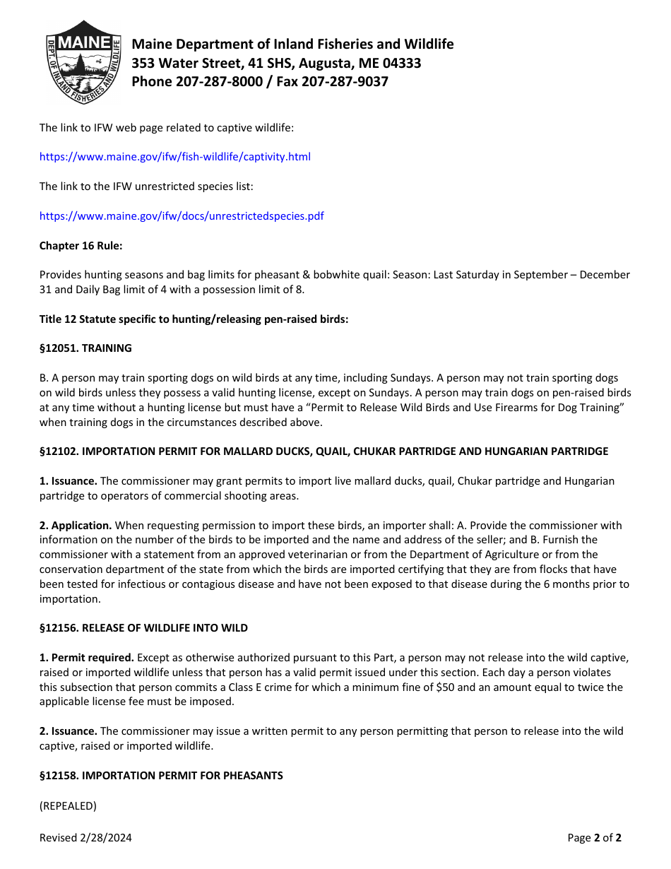 Permit to Release Wild Birds and Use Firearms for Dog Training - Maine, Page 2