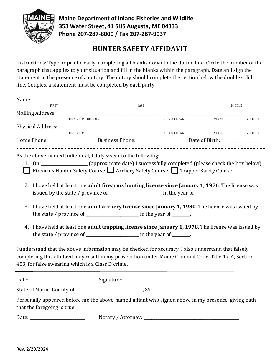 Hunter Safety Affidavit - Maine, Page 1