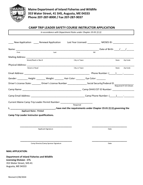 Camp Trip Leader Safety Course Instructor Application - Maine Download Pdf