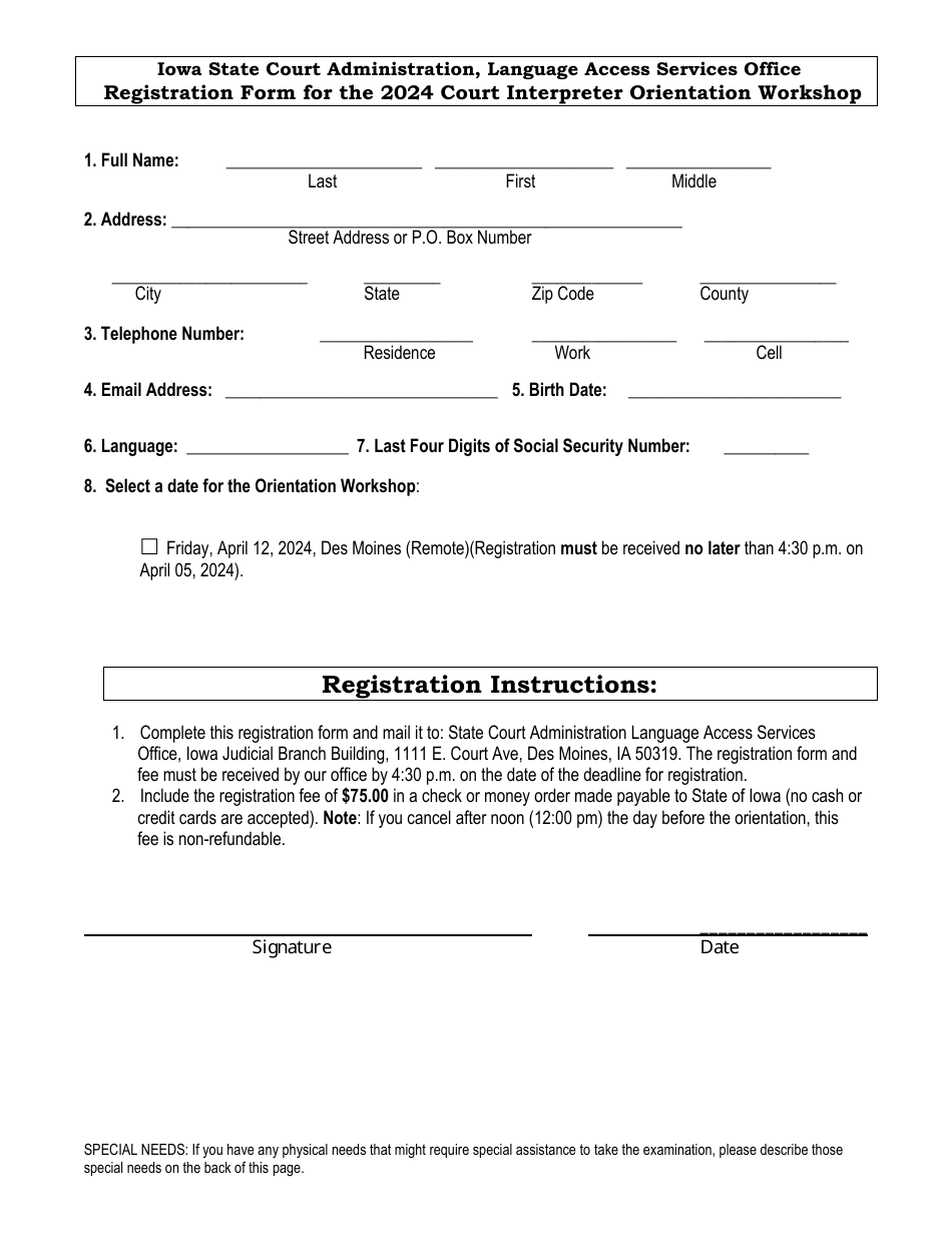 Registration Form for Court Interpreter Orientation Workshop - Iowa, Page 1