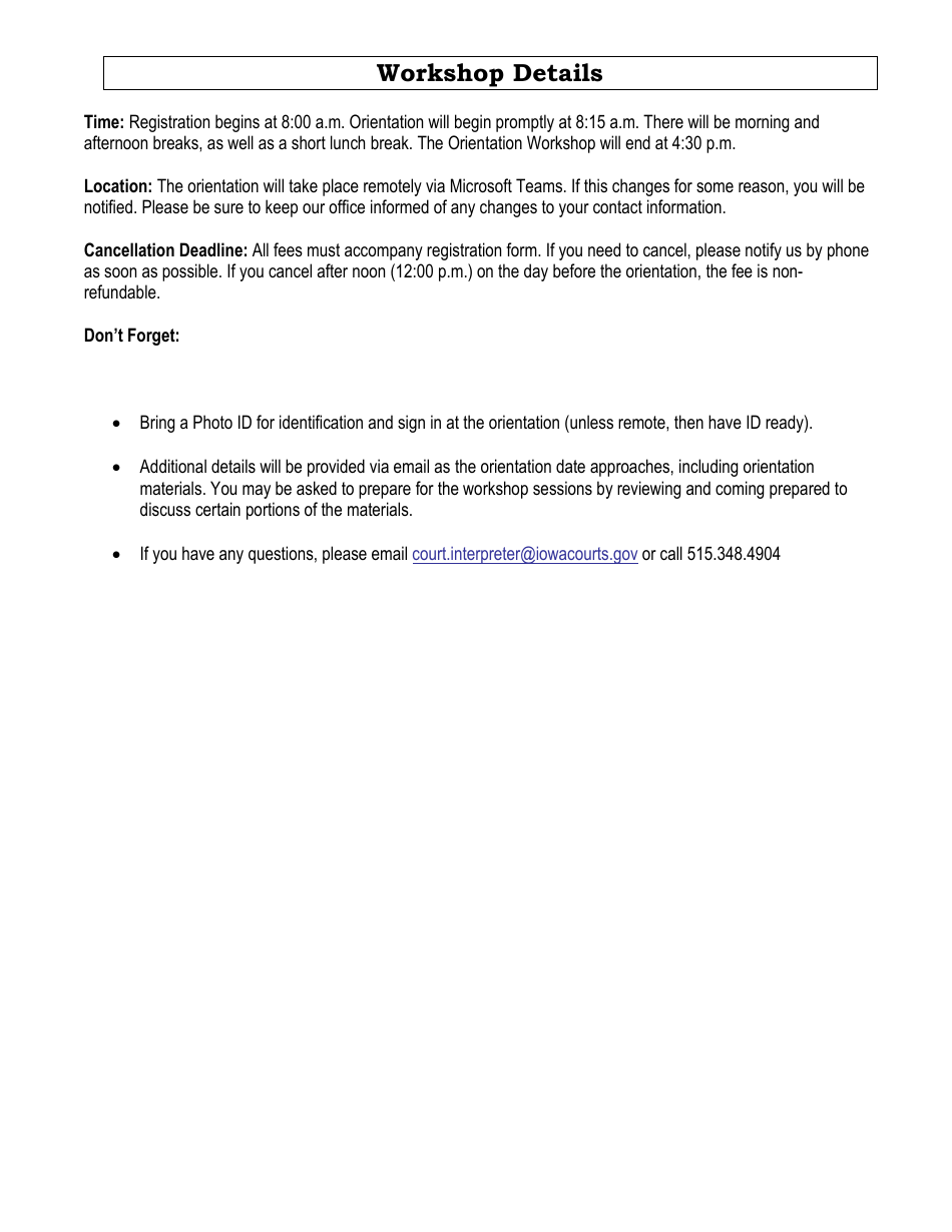 Registration Form for Court Interpreter Orientation Workshop - Iowa, Page 2