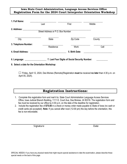 Registration Form for Court Interpreter Orientation Workshop - Iowa Download Pdf