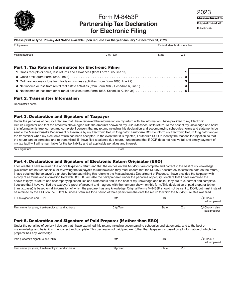 Form M-8453P Partnership Tax Declaration for Electronic Filing - Massachusetts, Page 1