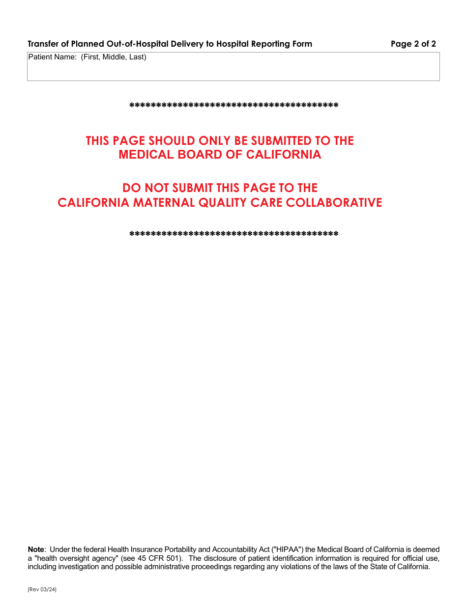 Transfer of Planned out-Of-Hospital Delivery to Hospital Reporting Form - California, Page 2