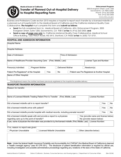 Transfer of Planned out-Of-Hospital Delivery to Hospital Reporting Form - California