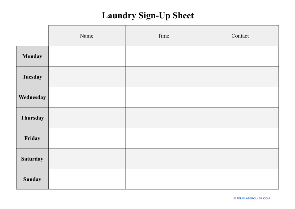 Laundry Sign-Up Sheet, Page 1