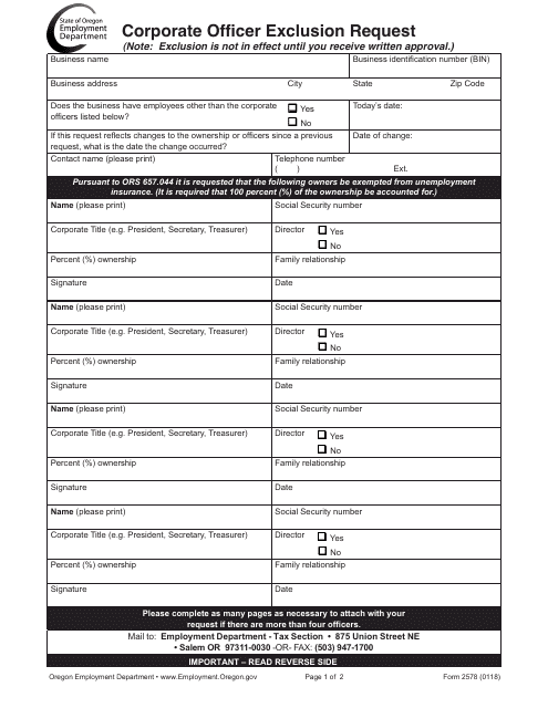 Form 2578 Corporate Officer Exclusion Request - Oregon