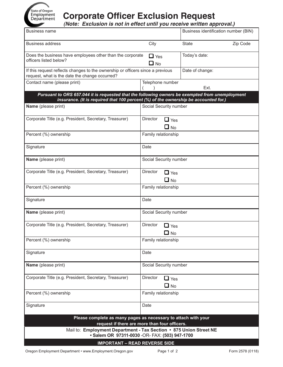 Form 2578 Corporate Officer Exclusion Request - Oregon, Page 1