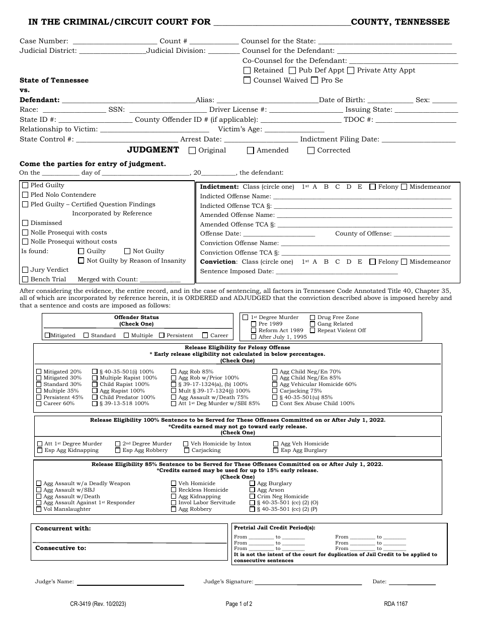 Form CR-3419 Judgment - Tennessee, Page 2